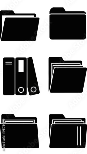 Set of Black Folder Icons for Document Organization and Data Management