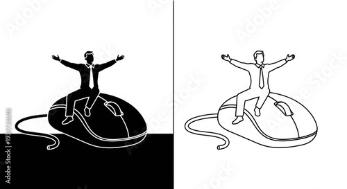 A triumphant businessman sits atop a large computer mouse, symbolizing control and digital power.