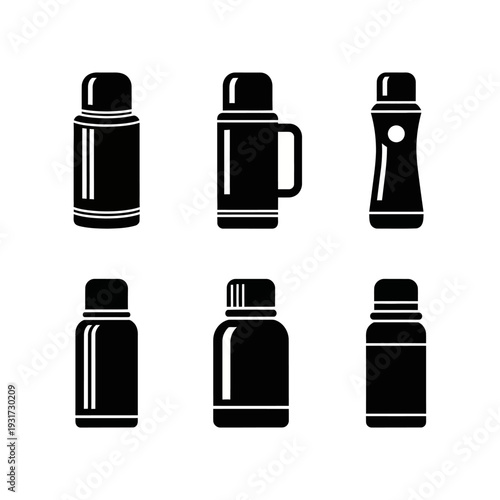Set of Black Icons: Thermos Bottles and Containers