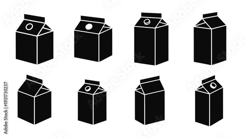 Set of Black Milk Cartons Icons, Isolated on White Background