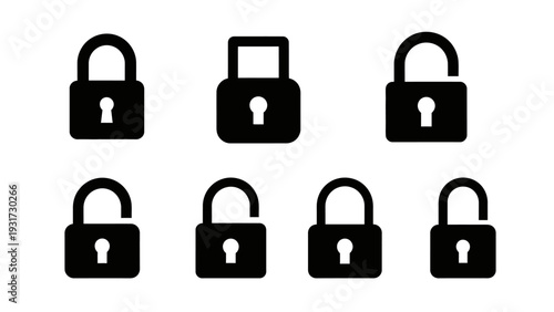 Set of Black Padlock Icons: Locked and Unlocked, Security and Access Symbols