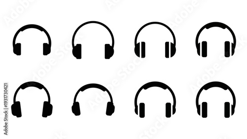 Set of eight black headphones icons on a white background, graphic design elements