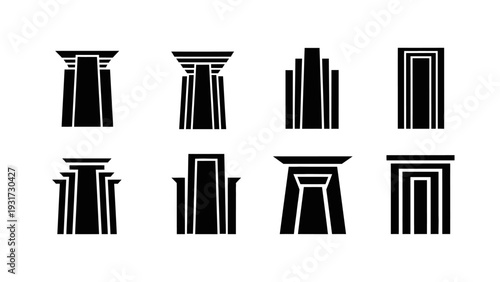 Set of Egyptian Temple Entrance Icons, Ancient Architecture Symbols, Vector Graphics