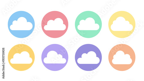 Set of Eight Round Cloud Icons in Pastel Colors