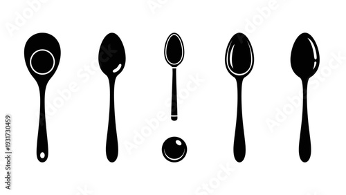 Set of Five Black Spoons and a Round Ball on a White Background