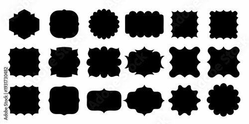 Collection of diverse black silhouettes shaped like decorative badges or labels