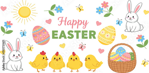 Art & IllustrationHappy Easter Cartoon Vector Illustration with Cute Bunnies Chicks Easter Eggs Basket Flowers and Spring Elements