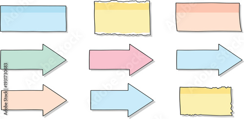 Hand Drawn Arrow Banners and Torn Paper Labels Set, Pastel Directional Signs and Sticky Note Shapes Vector Collection