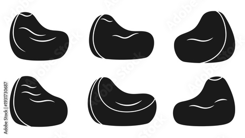 Set of six black bean bag chairs, modern furniture icons, isolated on white background