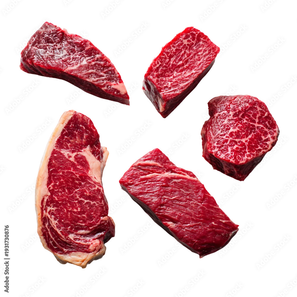 Fototapeta premium Assorted Wagyu Beef Steak Cuts Viewed From Above on a white background