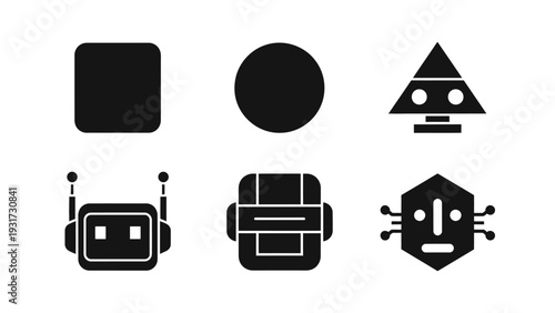 Set of stylized robot icons and geometric shapes, vector graphics