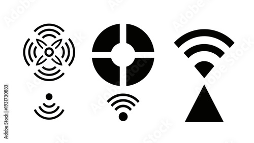 Set of Wireless Signal Icons: Wi-Fi, Radio Waves, and Signal Strength Symbols