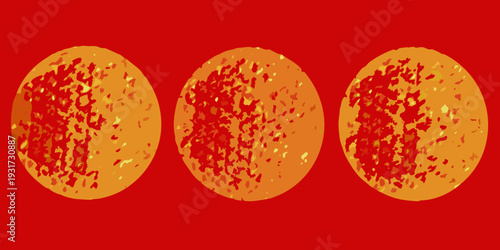 Three circular forms with textured reddish orange interiors on red