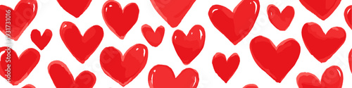 White outline and filled hearts scattering on a red watercolor textured surface. Hand drawn white hearts seamless pattern on red background