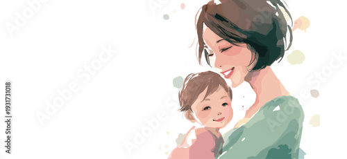 Watercolor illustration depicting a mother embracing her happy child with warmth and care. Mother and child smiling showing love and connection
