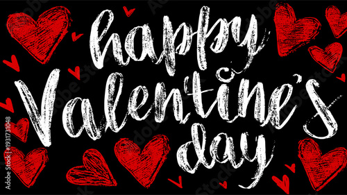 White handwritten Happy Valentines Day text surrounded by red hearts on a black background. Happy Valentines Day greeting text with red hearts