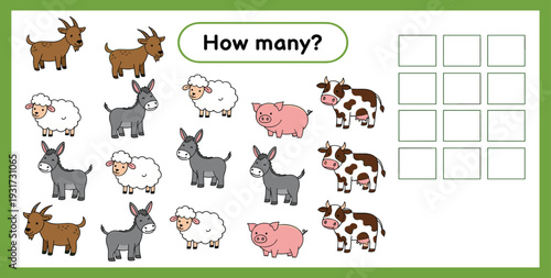 Cute Animal Birthday Cakes Cartoon Vector Set with Bear Pig Chick BuHow Many Farm Animals Counting Game Worksheet with Goat Donkey Sheep Pig Cow Educational 