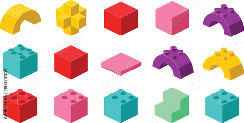 Colorful LEGO-style building blocks collection in grid layout, diverse shapes, creative construction pieces, educational toy design, playful architecture, vibrant plastic bricks