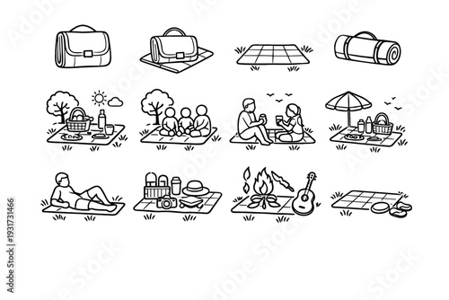 Leisure gathering park picnic mat family foldable icon vector moment context casual