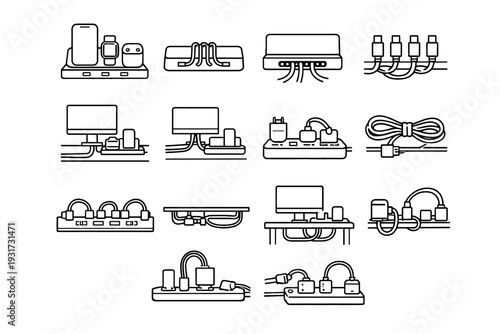 Functional setup icon usb efficient dock feature outline routing accessory organized vector