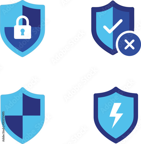 Set of blue security shield icons for cybersecurity, protection, privacy, and antivirus concepts
