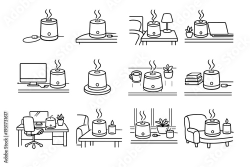 Aroma minimal home usb placement indoor modern icon bedside lamp contextual vector