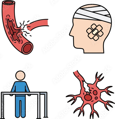Stroke rehabilitation and brain injury recovery medical vector icons set for healthcare and neurology concepts