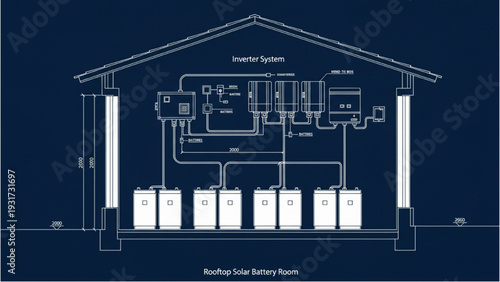 Rooftop Solar Battery Room Side Section with Inverter System Layout, Technical Blueprint Style, Isolated on White Background