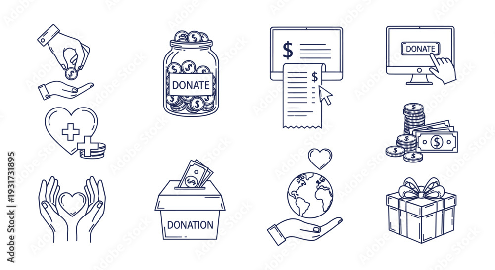 Fototapeta premium Charity Donation Financial Giving Money Support Philanthropy Volunteer Fundraising Line Art Icons Set