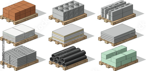 Isometric Building Materials on Wooden Pallets Set with Bricks, Concrete Blocks, Panels and Steel Pipes Vector Illustration