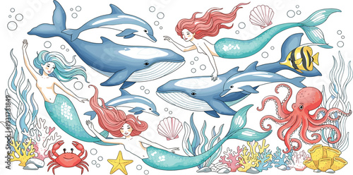 Mermaids with Whales Dolphins and Octopus Underwater Ocean Scene Cartoon Vector Illustration Set