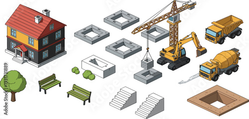 Isometric Building Construction Process with Crane and High Rise Development, Bricks and Safety Helmet Vector Illustration Set