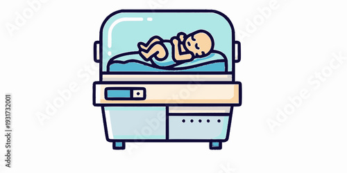 A high-tech neonatal incubator (isolette) with a baby visible inside.