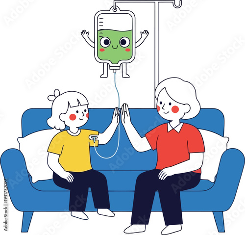 Cartoon illustration of child receiving IV therapy at home with supportive parent on sofa