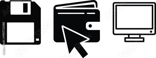 Black and White Technology Icons Set with Floppy Disk, Digital Wallet, and Computer Monitor