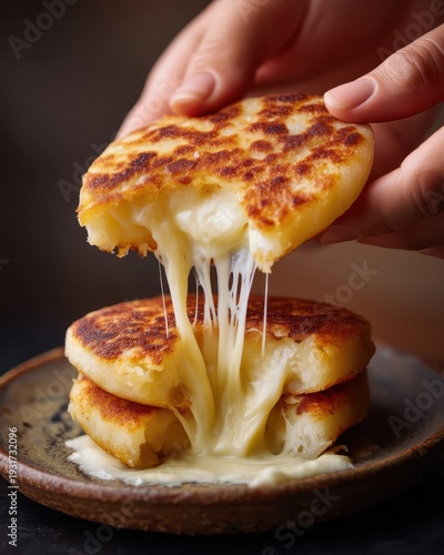 Golden Arepa with Melted Cheese Pull in Hands Against Dark Background