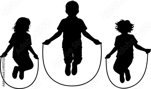 Children Jumping Rope Silhouettes Vector Illustration - Active Kids Playing Together