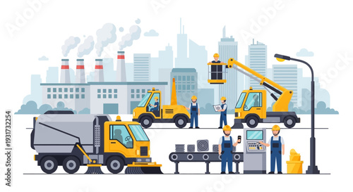 Urban Industrial Operations: Workers, Maintenance Vehicles, Factory Production & City Infrastructure Vector Illustration