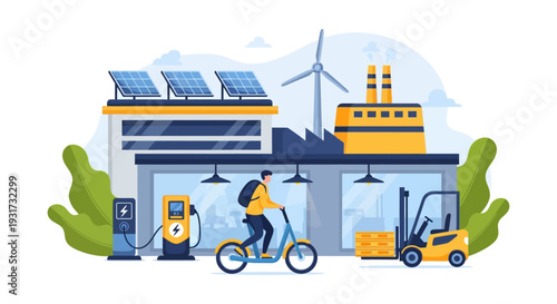 Sustainable Green Industry with Renewable Energy and Electric Transportation. Eco-Friendly Manufacturing and Logistics with Solar, Wind, EV Charging & Electric Forklift.