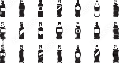 Black and white soda bottles with various labels bottle shapes beverage containers