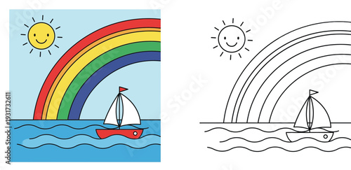 Vector coloring book page for kids featuring a cute sailboat, rainbow, and smiling sun over the ocean. Includes full color illustration and black and white outline.