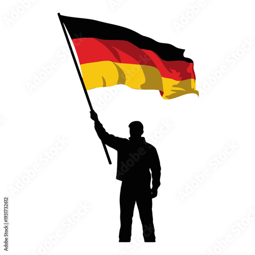 Silhouette of a person holding a German flag with flagpole, symbolizing national pride and cultural identity.