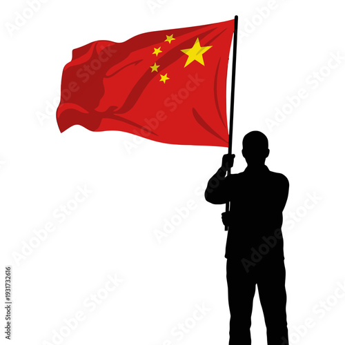 Silhouette of a Person Holding and Waving the Chinese National Flag in a Patriotic Display.