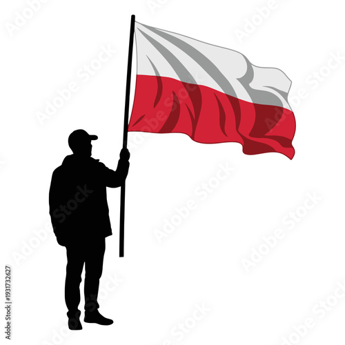 Silhouette of a person standing with a waving Polish flag against a light background.