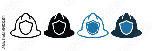 Firefighter Helmet Icons Featuring Line Art, Solid Fill, Blue-Accented Outline, and Full Blue Color, Representing Fire Safety, Protection, and Rescue Services in Clean Vector Design.
