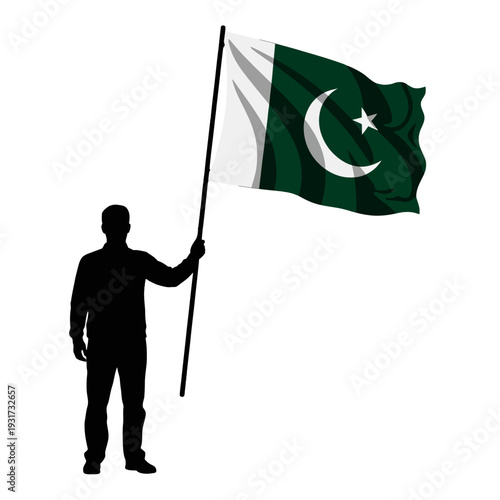 Silhouette of a man holding a Pakistan flag in a ceremonial outdoor display with a green and white banner and crescent star.