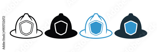 Firefighter Helmet Icons Featuring Line Art, Solid Fill, Blue-Accented Outline, and Full Blue Color, Representing Fire Safety, Protection, and Rescue Services in Clean Vector Design.