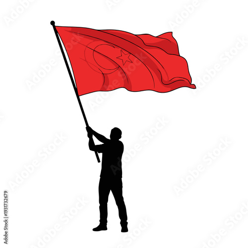 Silhouette of a person raising a red flag against a plain white background.
