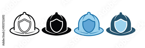 Firefighter Helmet Icons Featuring Line Art, Solid Fill, Blue-Accented Outline, and Full Blue Color, Representing Fire Safety, Protection, and Rescue Services in Clean Vector Design.