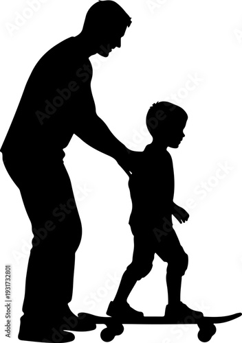 Father teaching son skateboarding vector illustration, flat design, family fun